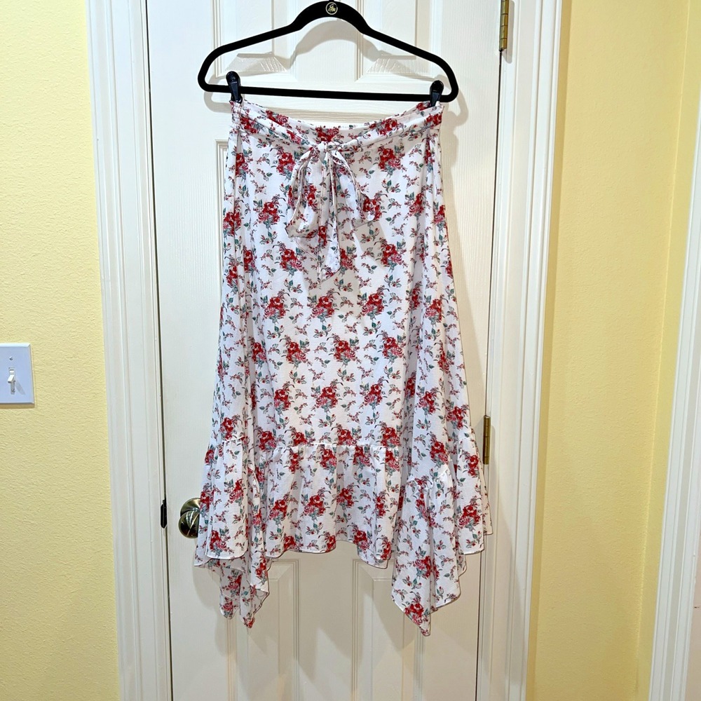 Chelsea & Violet Cream Red Floral Asymmetric Midi Skirt Sz L Cottagecore Fairy